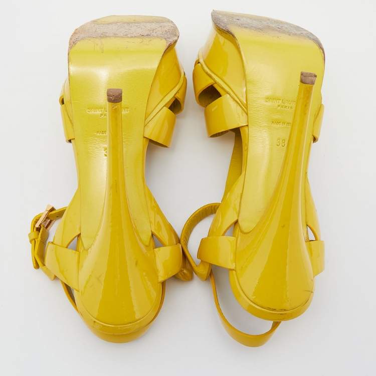 مملوكة مسبقًا Saint Laurent Yellow Patent Leather Tribute Platform Ankle Strap Platform Sandals Size 38