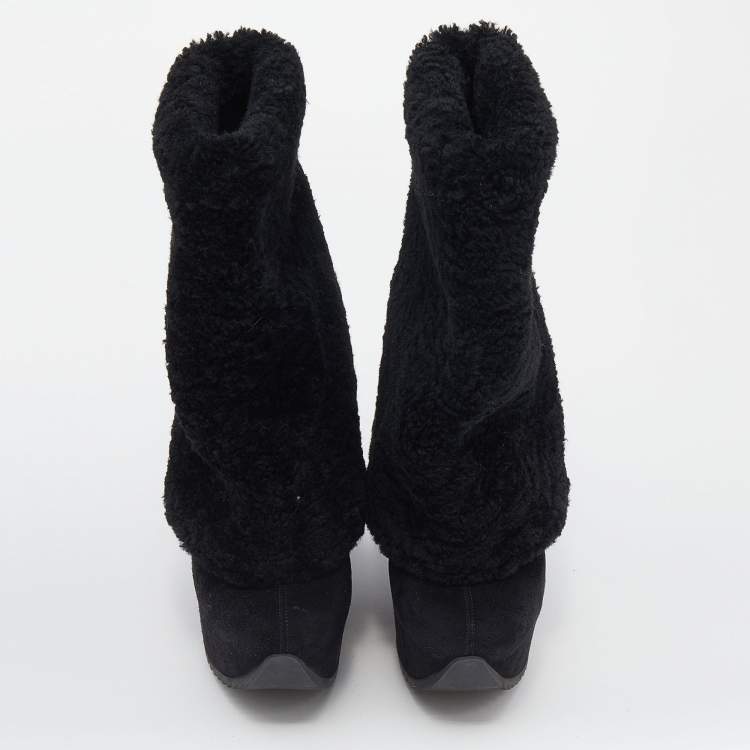 Pre Owned Saint Laurent Black Wool and Suede Wedge Boots Size 38