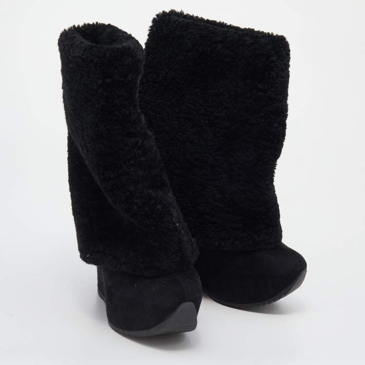 Pre Owned Saint Laurent Black Wool and Suede Wedge Boots Size 38