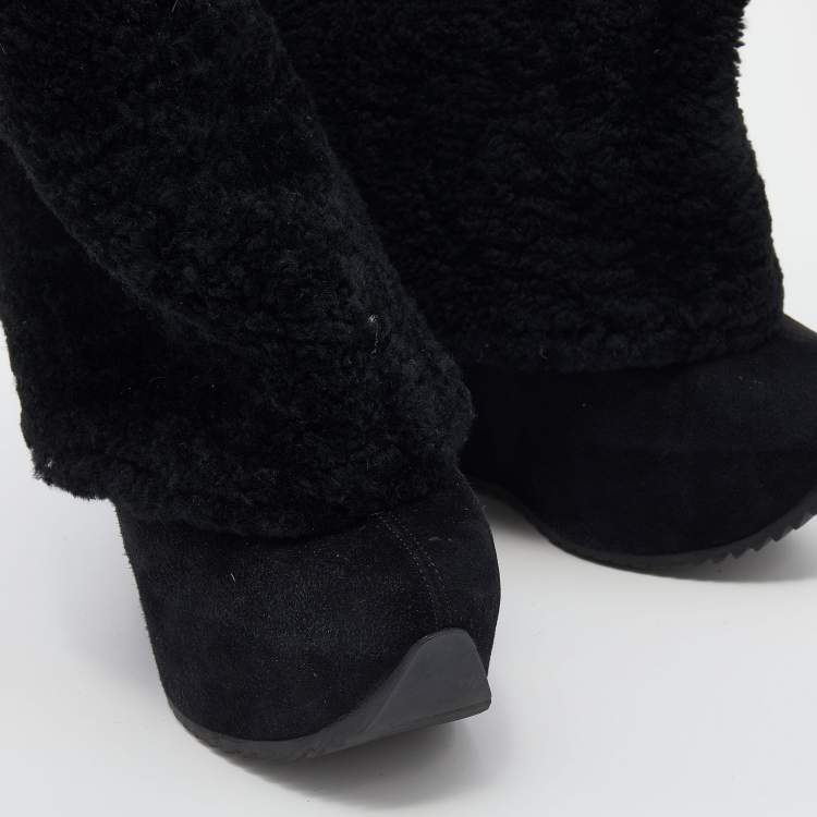 Pre Owned Saint Laurent Black Wool and Suede Wedge Boots Size 38