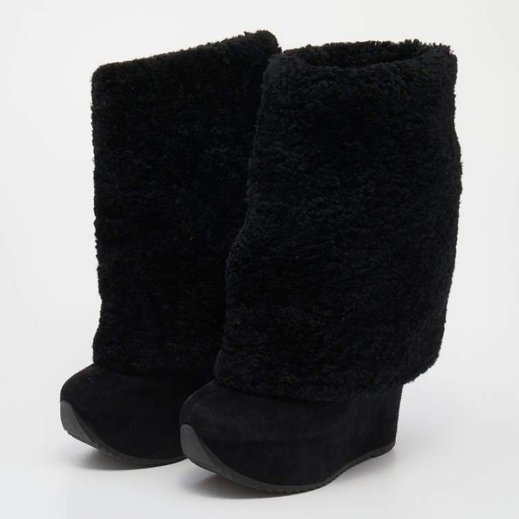 Pre Owned Saint Laurent Black Wool and Suede Wedge Boots Size 38