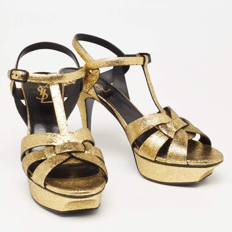 Pre Owned Saint Laurent Gold Glitter Tribute Sandals Size 40
