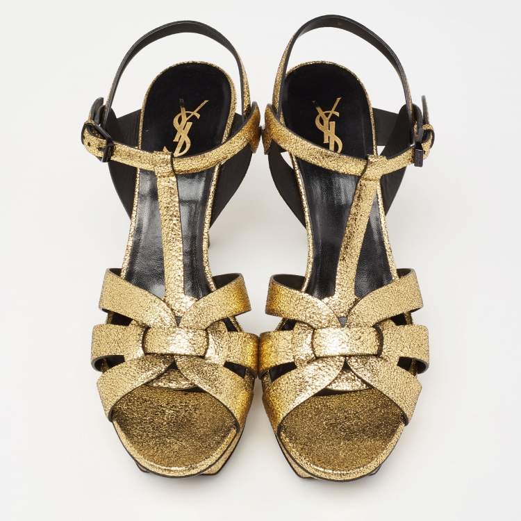 Pre Owned Saint Laurent Gold Glitter Tribute Sandals Size 40