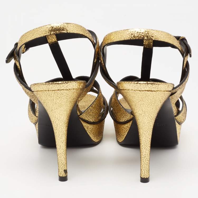 Pre Owned Saint Laurent Gold Glitter Tribute Sandals Size 40