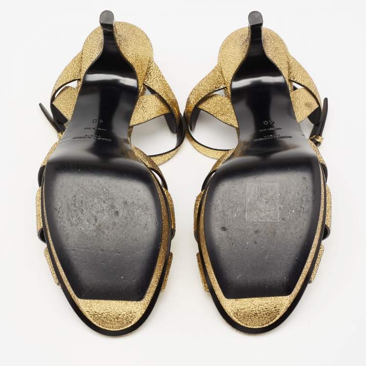 Pre Owned Saint Laurent Gold Glitter Tribute Sandals Size 40