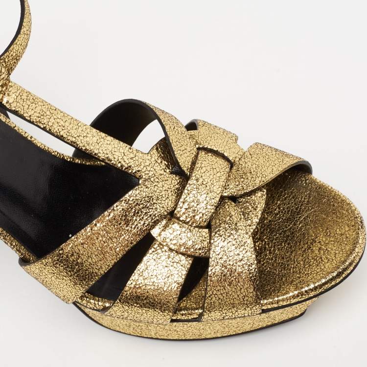 Pre Owned Saint Laurent Gold Glitter Tribute Sandals Size 40