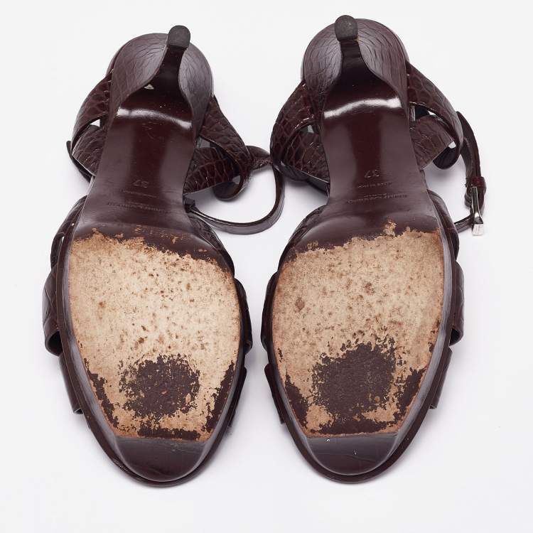 Pre Owned Saint Laurent Burgundy Croc Embossed Leather Tribute Platform Sandals Size 37