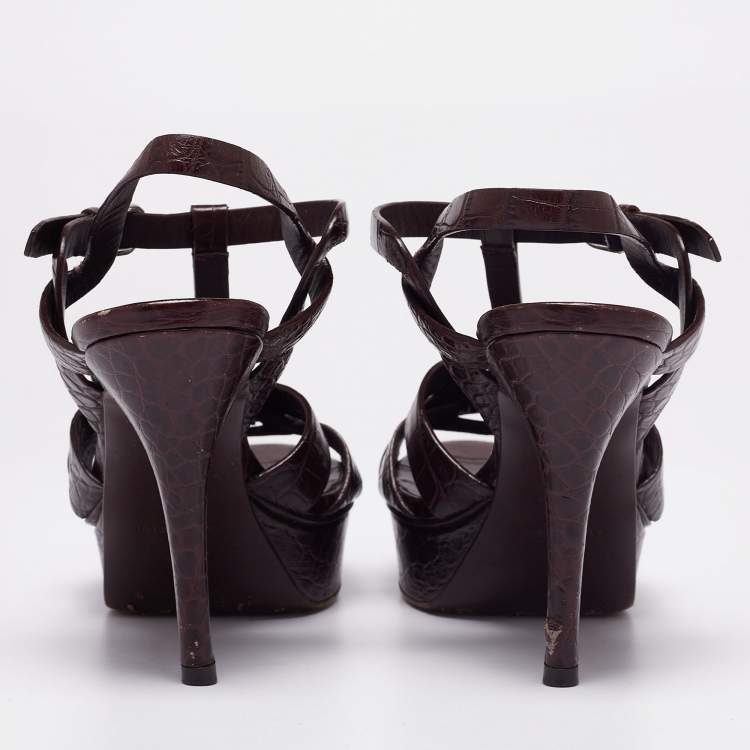 Pre Owned Saint Laurent Burgundy Croc Embossed Leather Tribute Platform Sandals Size 37