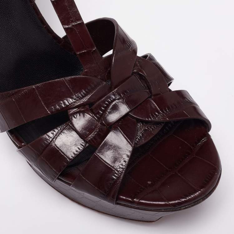 Pre Owned Saint Laurent Burgundy Croc Embossed Leather Tribute Platform Sandals Size 37