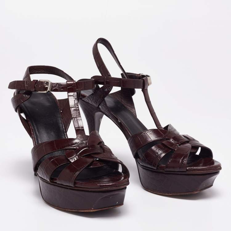 Pre Owned Saint Laurent Burgundy Croc Embossed Leather Tribute Platform Sandals Size 37