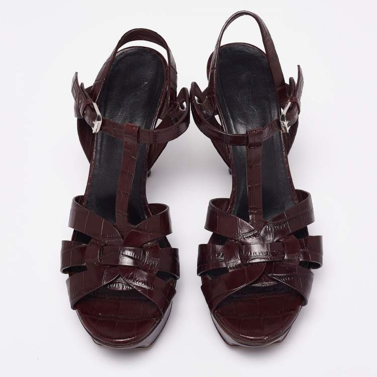 Pre Owned Saint Laurent Burgundy Croc Embossed Leather Tribute Platform Sandals Size 37