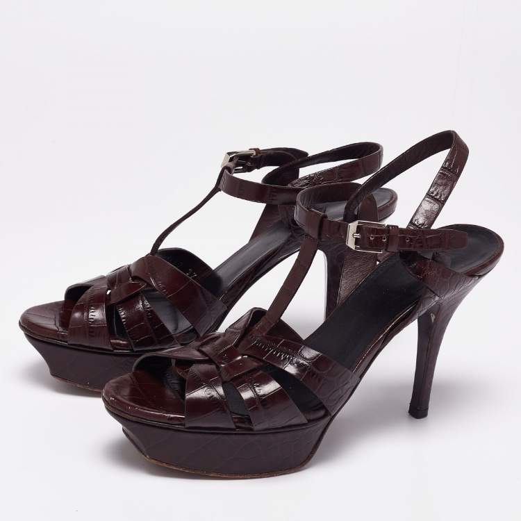 Pre Owned Saint Laurent Burgundy Croc Embossed Leather Tribute Platform Sandals Size 37