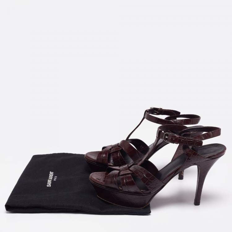 Pre Owned Saint Laurent Burgundy Croc Embossed Leather Tribute Platform Sandals Size 37