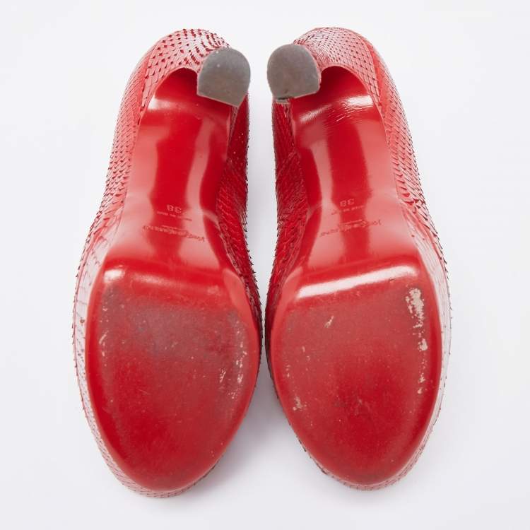 Pre Owned Saint Laurent Red Snakeskin Palais Platform Peep Toe Pumps Size 38
