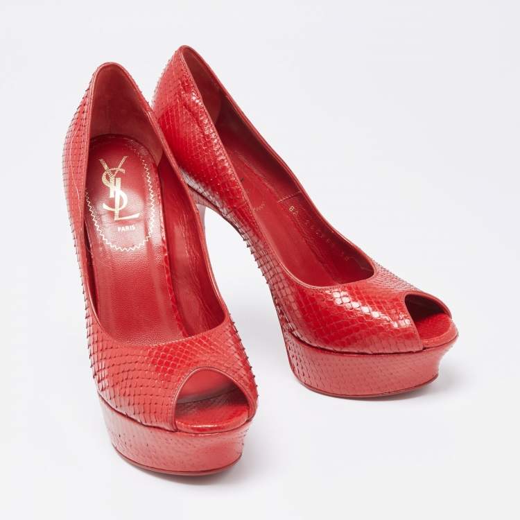 Pre Owned Saint Laurent Red Snakeskin Palais Platform Peep Toe Pumps Size 38