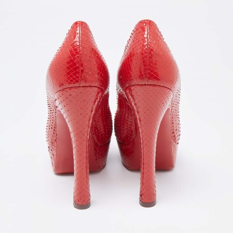 Pre Owned Saint Laurent Red Snakeskin Palais Platform Peep Toe Pumps Size 38