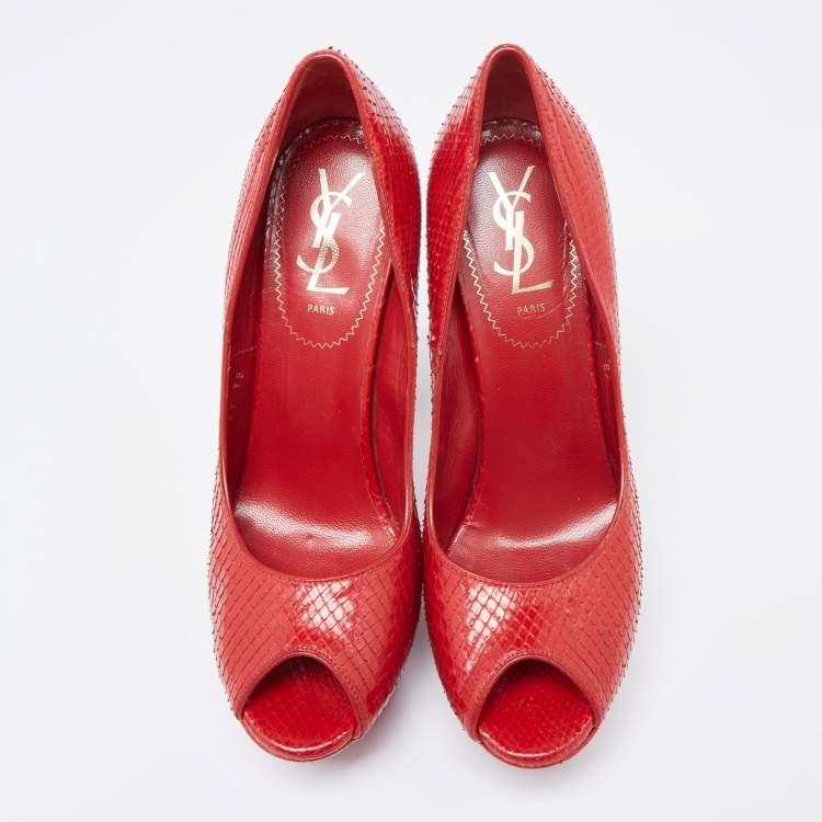 Pre Owned Saint Laurent Red Snakeskin Palais Platform Peep Toe Pumps Size 38
