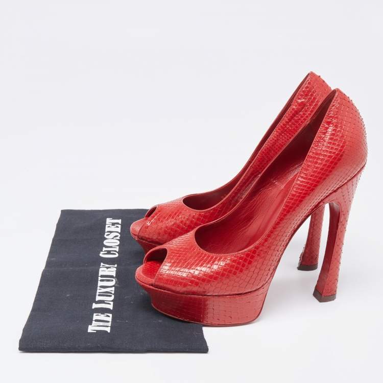 Pre Owned Saint Laurent Red Snakeskin Palais Platform Peep Toe Pumps Size 38
