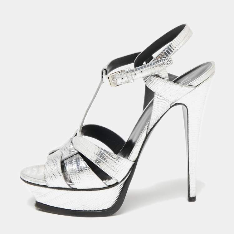 Pre Owned Saint Laurent Silver Lizard Embossed Leather Tribute Platform Sandals Size 40