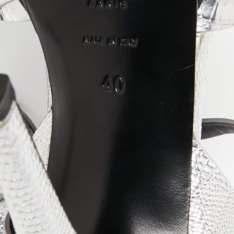 Pre Owned Saint Laurent Silver Lizard Embossed Leather Tribute Platform Sandals Size 40