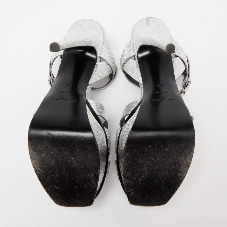 Pre Owned Saint Laurent Silver Lizard Embossed Leather Tribute Platform Sandals Size 40