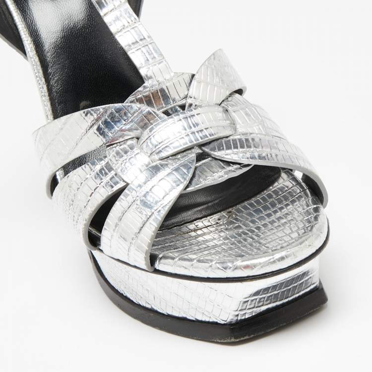 Pre Owned Saint Laurent Silver Lizard Embossed Leather Tribute Platform Sandals Size 40