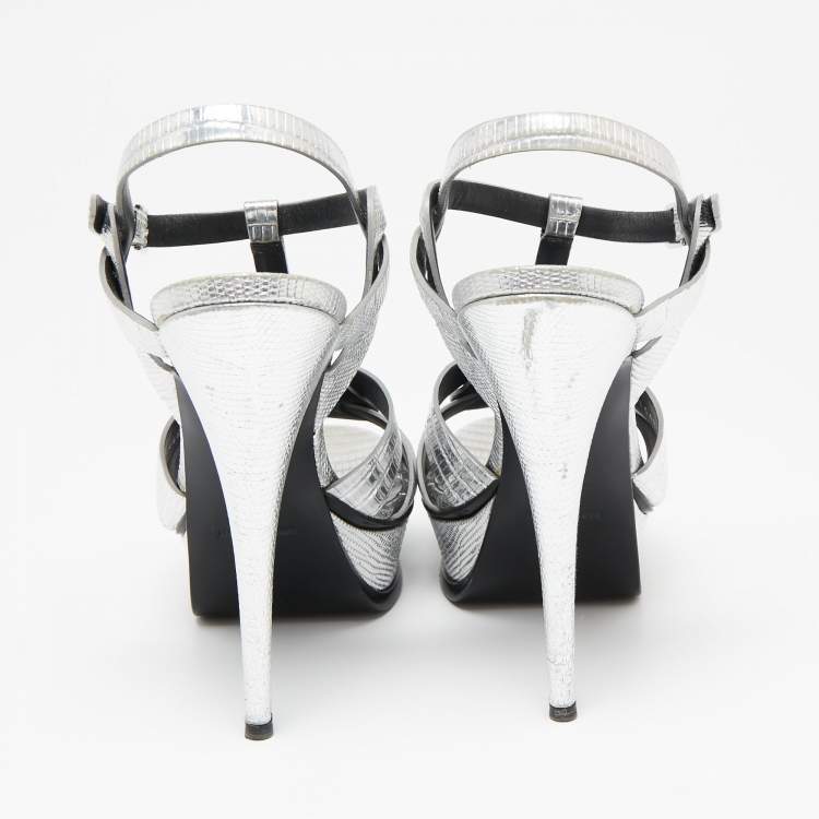 Pre Owned Saint Laurent Silver Lizard Embossed Leather Tribute Platform Sandals Size 40