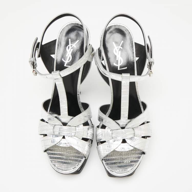 Pre Owned Saint Laurent Silver Lizard Embossed Leather Tribute Platform Sandals Size 40