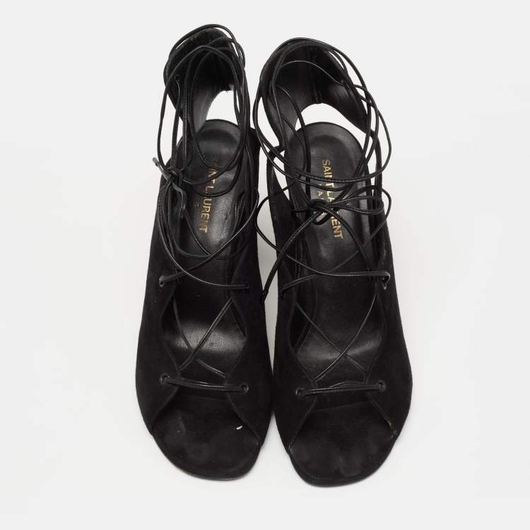 Pre Owned Saint Laurent Black Suede Lace Up Sandals Size 40