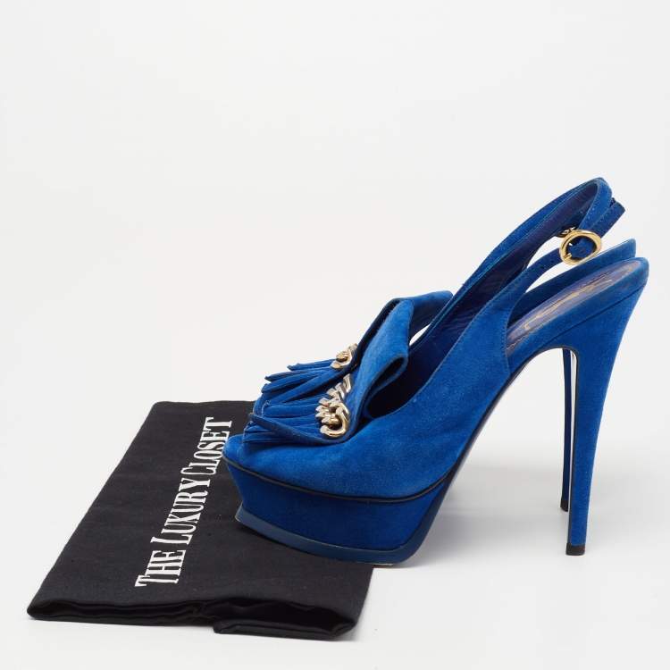Pre Owned Saint Laurent Blue Suede Tribute Fringe Chain Slingback Sandals Size 36.5