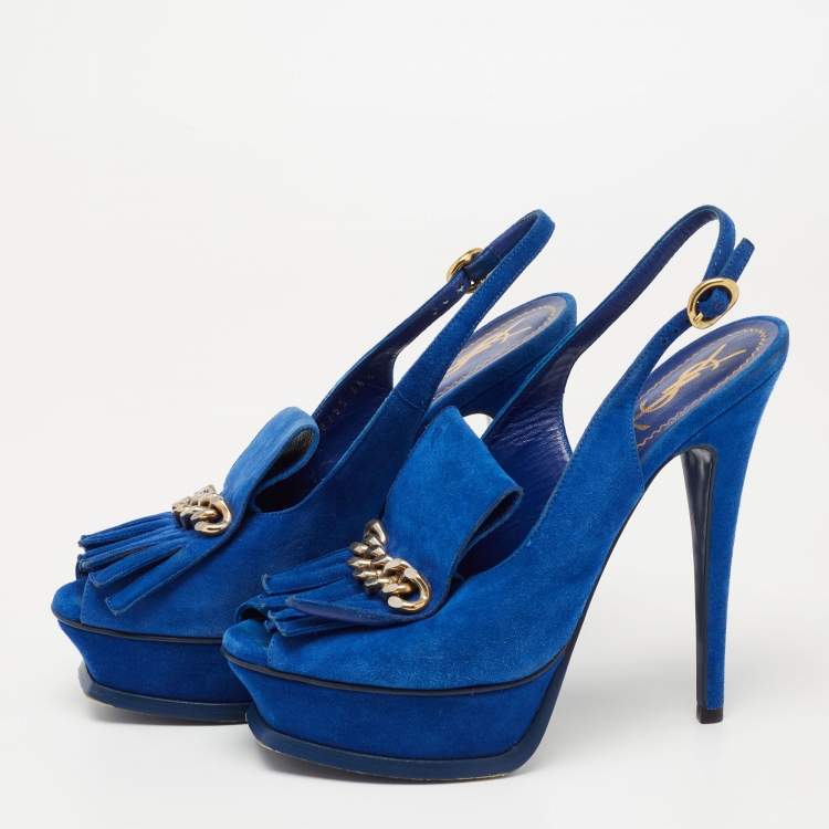 Pre Owned Saint Laurent Blue Suede Tribute Fringe Chain Slingback Sandals Size 36.5