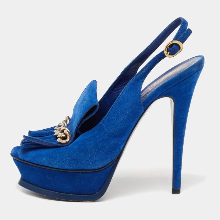 Pre Owned Saint Laurent Blue Suede Tribute Fringe Chain Slingback Sandals Size 36.5