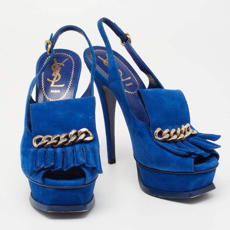Pre Owned Saint Laurent Blue Suede Tribute Fringe Chain Slingback Sandals Size 36.5