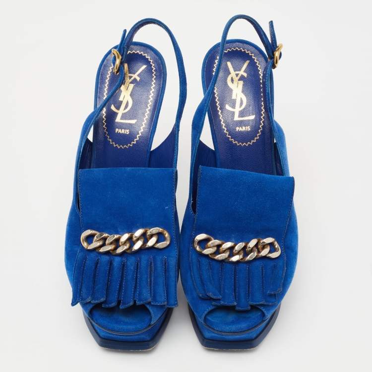Pre Owned Saint Laurent Blue Suede Tribute Fringe Chain Slingback Sandals Size 36.5