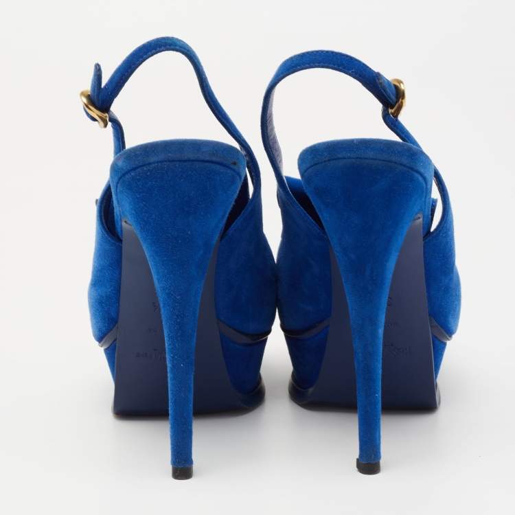 Pre Owned Saint Laurent Blue Suede Tribute Fringe Chain Slingback Sandals Size 36.5