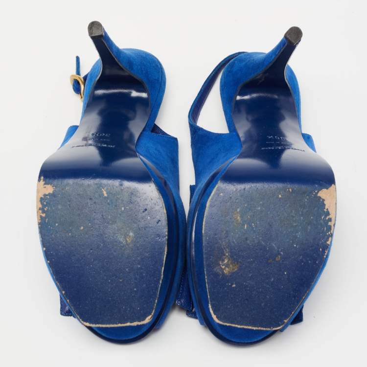 Pre Owned Saint Laurent Blue Suede Tribute Fringe Chain Slingback Sandals Size 36.5