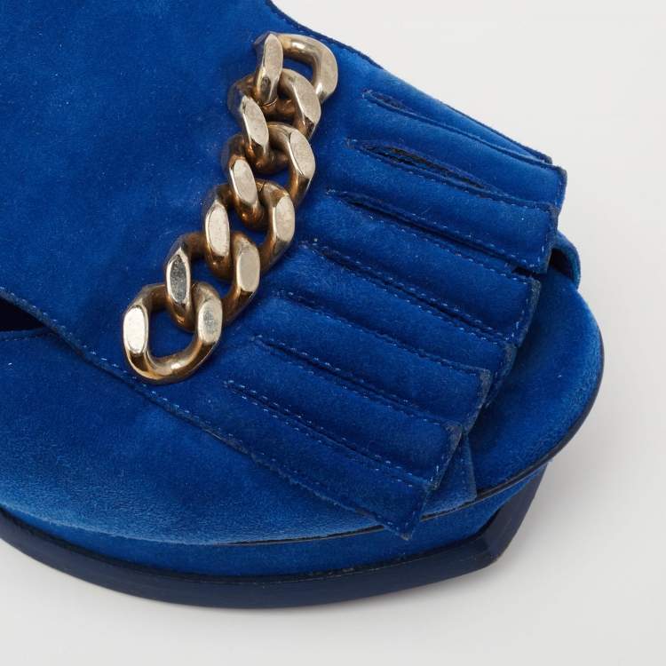 Pre Owned Saint Laurent Blue Suede Tribute Fringe Chain Slingback Sandals Size 36.5