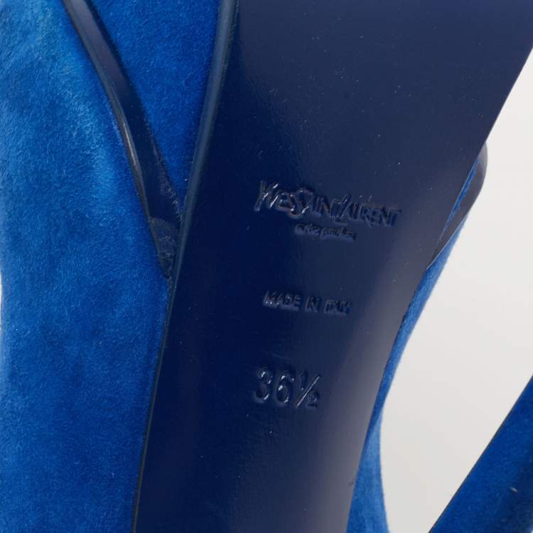 Pre Owned Saint Laurent Blue Suede Tribute Fringe Chain Slingback Sandals Size 36.5