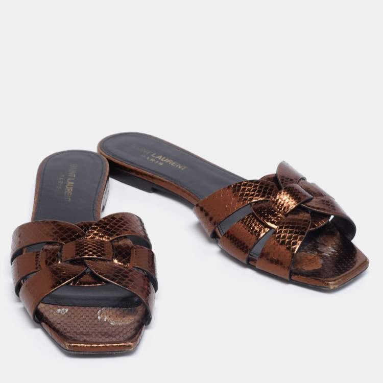 Pre Owned Saint Laurent Bronze Snakeskin Embossed Leather Tribute Flat Slides Size 38