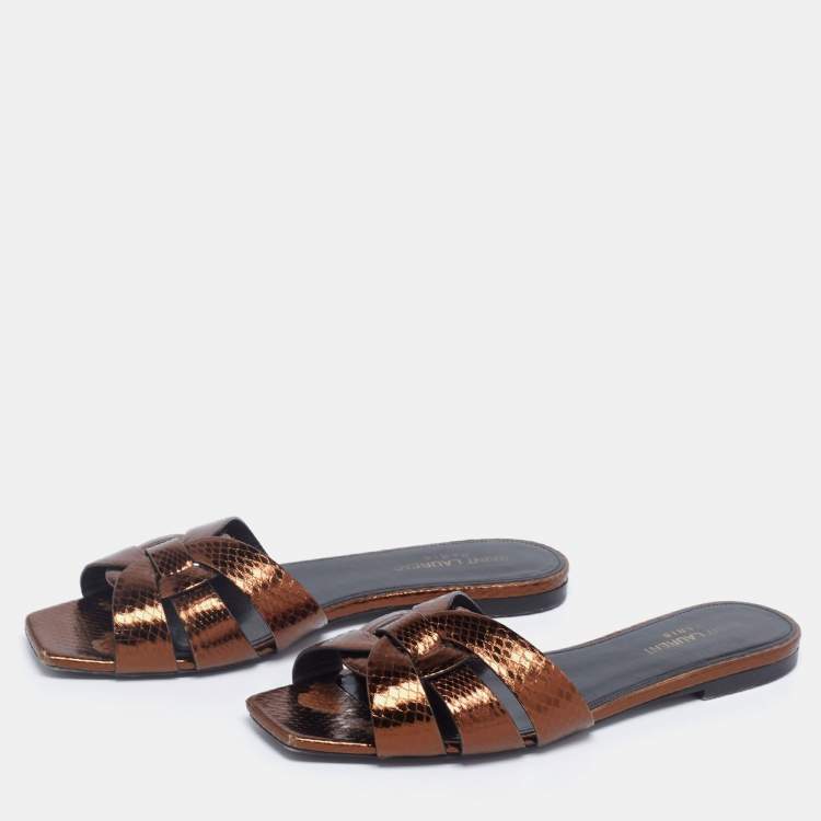 Pre Owned Saint Laurent Bronze Snakeskin Embossed Leather Tribute Flat Slides Size 38