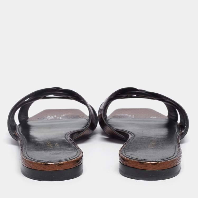 Pre Owned Saint Laurent Bronze Snakeskin Embossed Leather Tribute Flat Slides Size 38