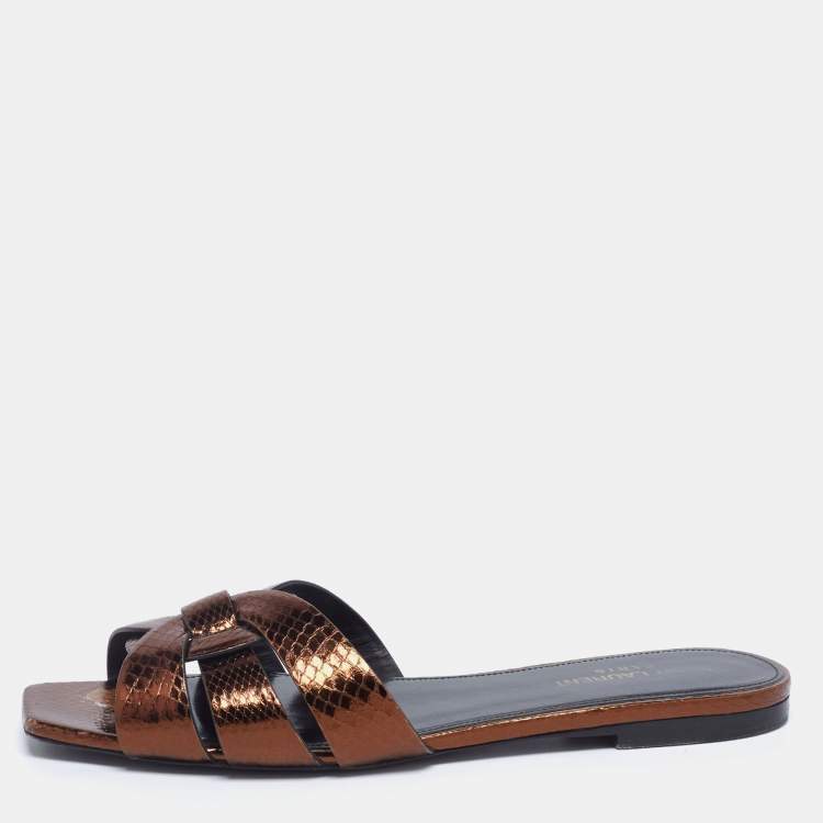 Pre Owned Saint Laurent Bronze Snakeskin Embossed Leather Tribute Flat Slides Size 38