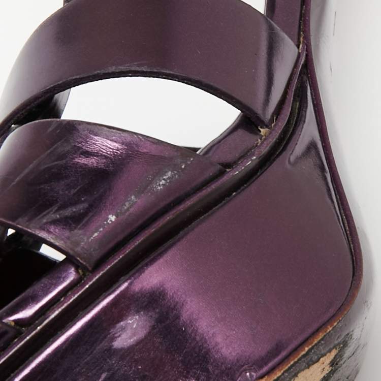 مملوكة مسبقًا Saint Laurent Metallic Purple Leather Tribute Platform  Sandals Size 38