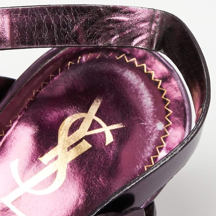 مملوكة مسبقًا Saint Laurent Metallic Purple Leather Tribute Platform  Sandals Size 38