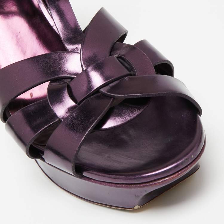 مملوكة مسبقًا Saint Laurent Metallic Purple Leather Tribute Platform  Sandals Size 38
