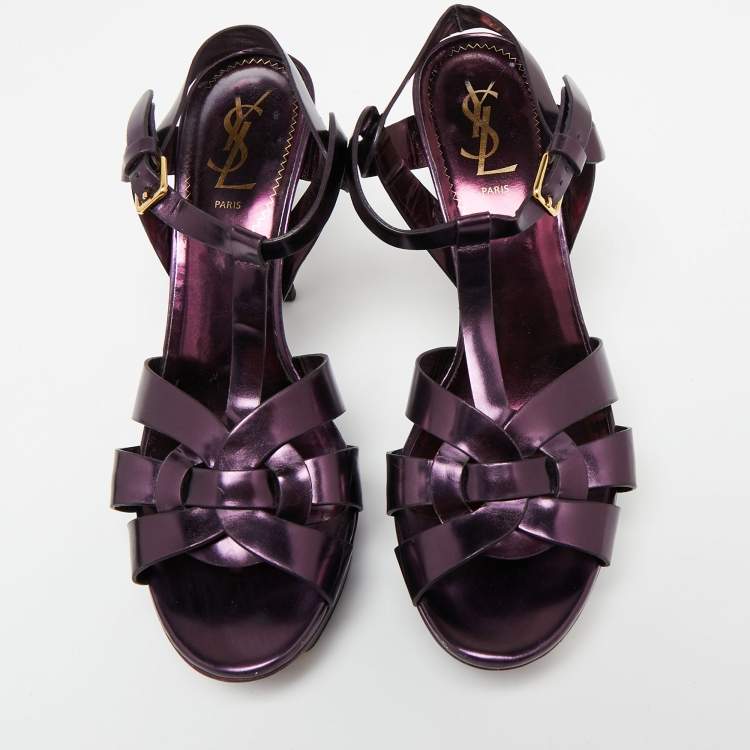 مملوكة مسبقًا Saint Laurent Metallic Purple Leather Tribute Platform  Sandals Size 38