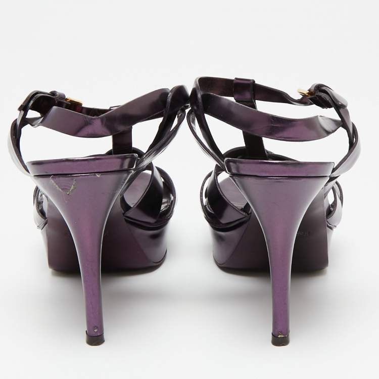 مملوكة مسبقًا Saint Laurent Metallic Purple Leather Tribute Platform  Sandals Size 38