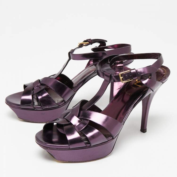 مملوكة مسبقًا Saint Laurent Metallic Purple Leather Tribute Platform  Sandals Size 38