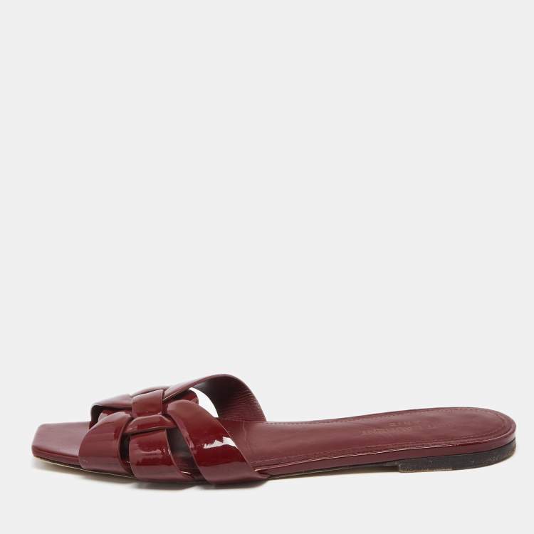 Pre Owned Saint Laurent Burgundy Patent Leather Tribute Flats Size 39.5