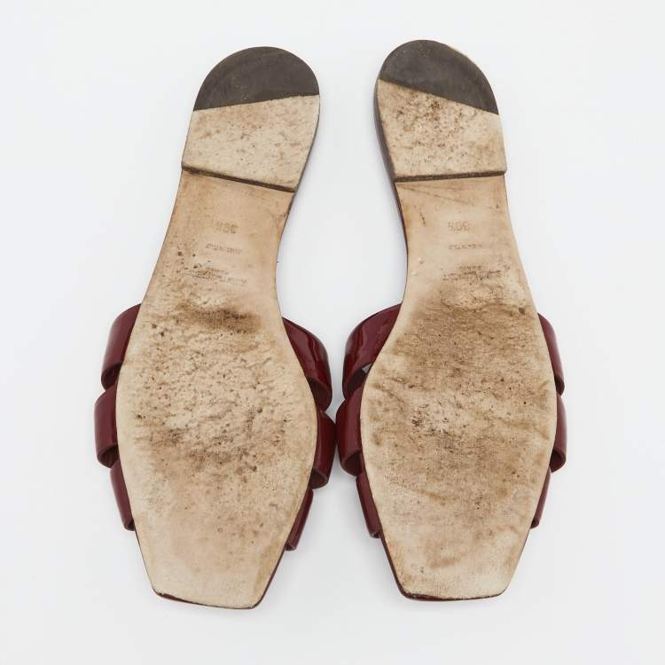 Pre Owned Saint Laurent Burgundy Patent Leather Tribute Flats Size 39.5